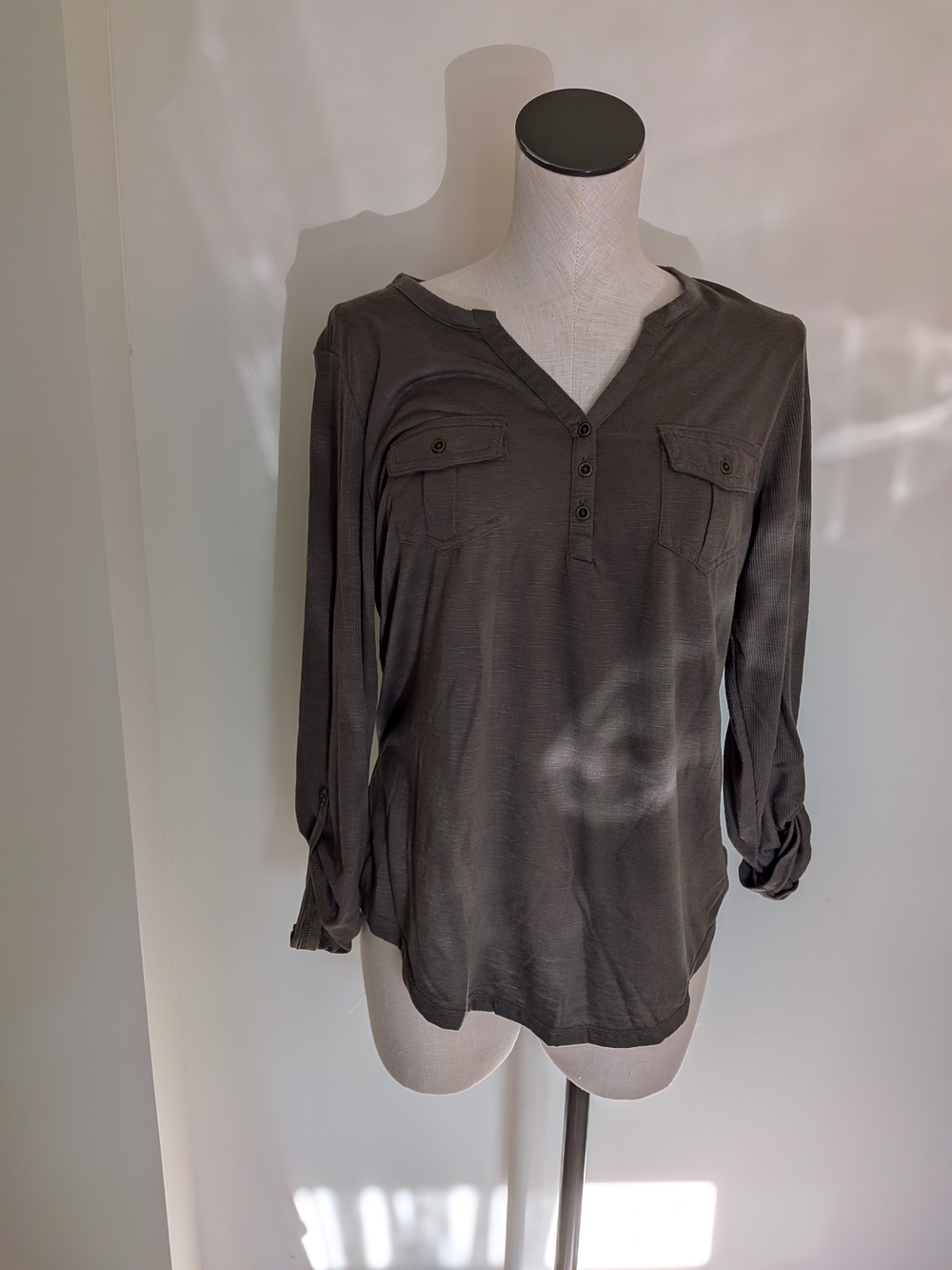 Women's Long Sleeve Button Henley Top - Olive Green